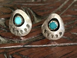 Vintage Navajo Sterling Silver Turquoise 1/2” Bear Paw Stud Earrings 2g Freeship