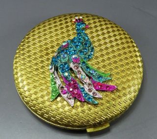 Charles Of The Ritz Vintage Gold Mirror Compact Peacock Rhinestones Purple Blue