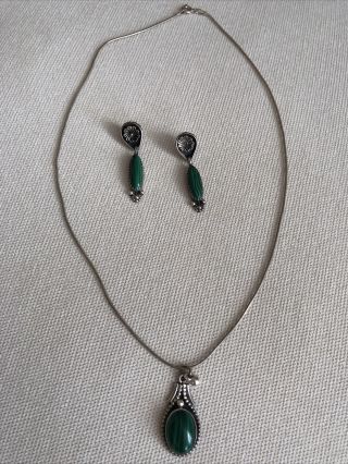 Vintage Sterling Silver & Malachite Necklace And Drop Pierced Earrings Set