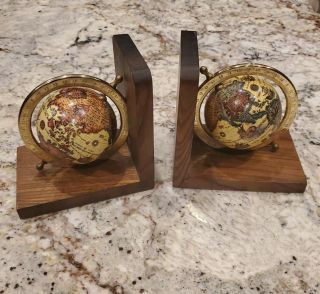 Vtg Pair Old World Map Globe Bookends Spinning Rotating Wood Base