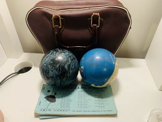 Vintage (2) Brunswick Duck Pin Bowling Balls W/ Charles F Clark Naugahyde Bag