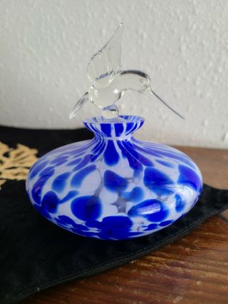 Vintage Blue & White Glass Perfume Bottle Hummingbird Stopper 4 " Tall