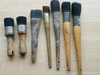 7 Vintage Large Round Paint Brushes W/ Wood Handles Old/ Rustic