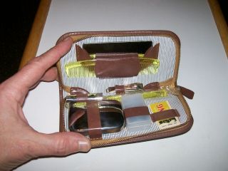 Vintage Mens Fitted Travel Kit Grooming Set Safety Razor Toothbrush Case Japan