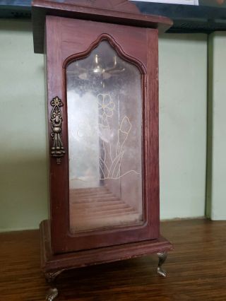 Vintage Wood Jewelry Box Tall For Hanging Necklaces Glass Door