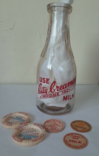 Vintage Milk Bottle & Caps City Creamery Phone 382