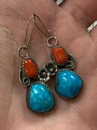 Vintage Navajo Sterling Silver Turquoise Coral Earrings Estate Fresh