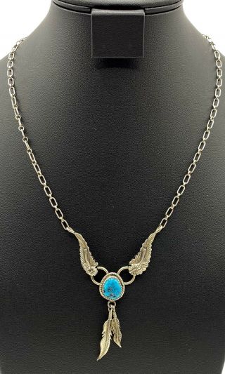 Vintage Navajo Signed Rb Sterling Silver Turquoise And Feather Necklace 18”
