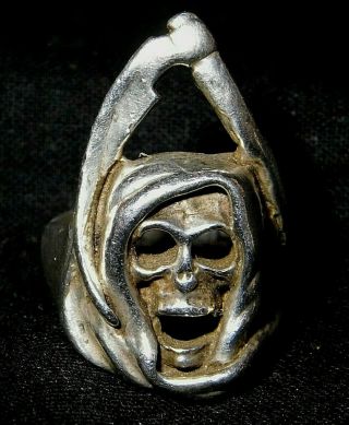 Vintage Sterling Silver Grim Reaper Head Skull Mexico Biker Ring Early Unmarked