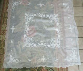 VTG Sheer Linen Organdy Madeira Style Embroidered Tablecloth 50 