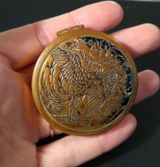 Vintage Vantines Engraved Bird Enamel Round Compact Mirror