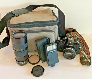 Vintage Nikon Em 35mm Film Camera W/50mm & Promaster Auto Zoom 85 - 210mm & Flash