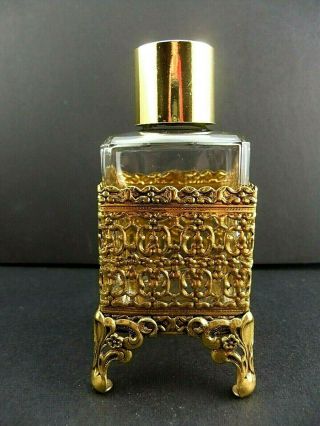 Globe 24 Kt Gold Plated Ormolu Square Filigree Basket W/glass Perfume Bottle