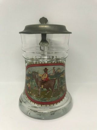 Vintage Rein Zinn Enameled Glass Beer Stein With A Pewter Lid From Germany