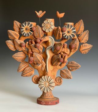 Large Vintage Mexican Folk Art Pottery Tree Of Life Candelabra