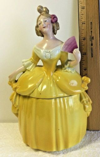 Big 8 " Vtg.  E.  R.  Germany Madame Pompadour Yellow Dresser Doll Powder Jar 27431