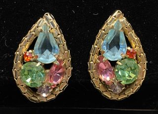 Vintage Signed Weiss Gold Tone Clip - On Earrings Pink Blue Green Rhinestones