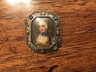 Vintage Hand Painted Portrait Of A Lady Brooch / Marked 800