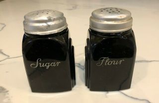 Vintage Mckee Black Glass Roman Arch Flour And Sugar Shakers - Art Deco