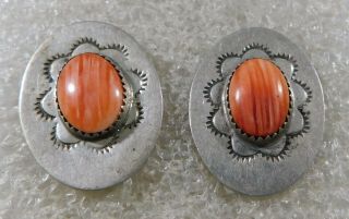 Matt C Sterling Stamped Spiny Oyster Cabs Handmade Vintage Post Earrings