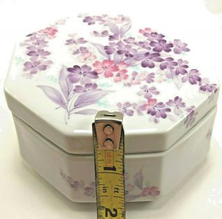 Vintage Vanity Trinket Ring Dish Lid White Purple Lilac Floral Porcelain Rice