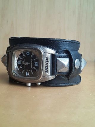 Vtg Nixon Black Leather Metal Studded Cuff Bracelet Wrist Watch Powerslave Wow