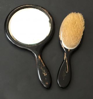 Vintage Excello Wooden Brush Handheld Mirror Set Tattered Rustic Distressed