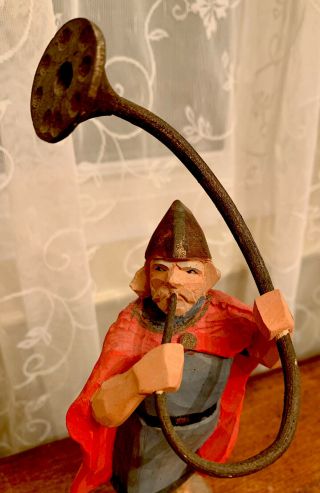 Vintage Henning Of Norway Hand - Carved Wooden Viking Figurine Blowing Horn 8.  75”