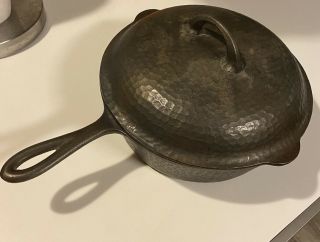 Vintage 10 Inch Hammered Cast Iron Frying Pan With Lid 89b