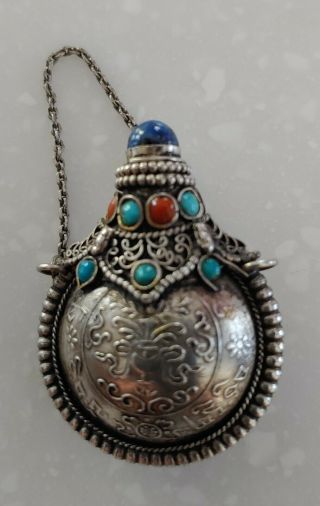 Middle East Perfume/snuff Bottle Silver With Coral And Turquoise Stones