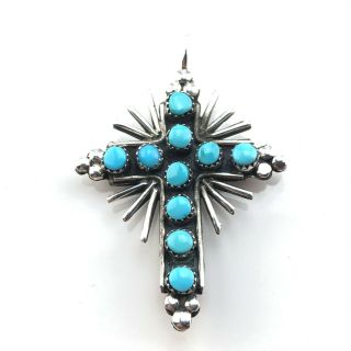 Vintage Navajo Old Pawn Sterling Silver Turquoise & Coral Cross Pendant & Chain