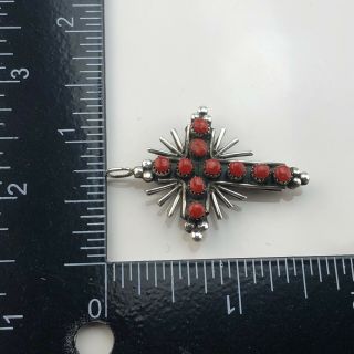 Vintage Navajo old pawn sterling silver turquoise & coral cross pendant & chain 3