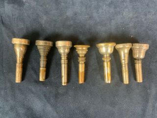 7 Vintage Short Shank Trumpet Mouthpieces.  Benge 7c,  Olds 3,  Ez Tone,  Kopp.