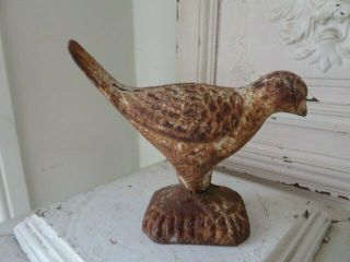 Fabulous Old Vintage Cast Iron Metal Bird Statue White & Rusty With Patina