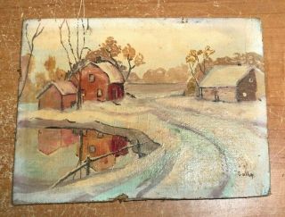 Vintage Signed Colby Oil On Board Winter Scene Painting W Cottage Barn & Lake