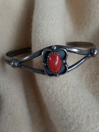 Vintage Native American Sterling Silver And Red Coral Cuff Bracelet
