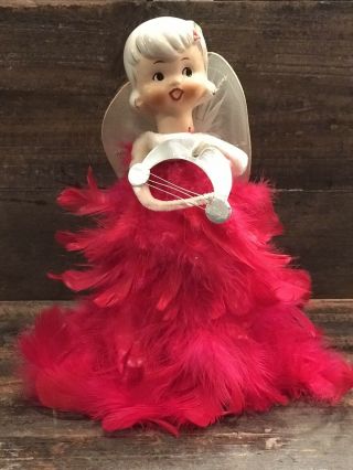 Vintage Holt Howard Pink Feather Angel Porcelain Head Tree Topper Christmas 7.  5”