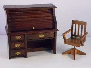 Vintage Dollhouse Miniature 1:12 Scale Wood Roll Top Desk With Swivel Chair