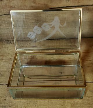 Vintage Brass Framed,  Beveled Glass Trinket/jewelry Box.  Floral Etching On Top.