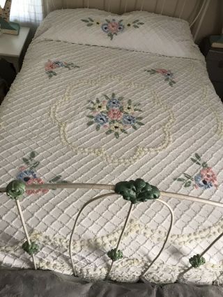 Vintage White Chenille Bedspread Pink - Blue - Green - Yellow Full Size 84 By 108.