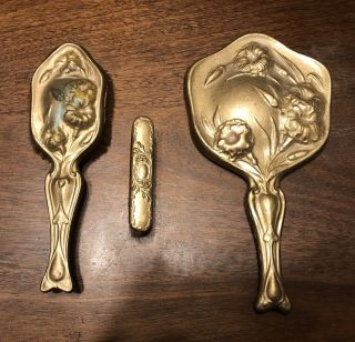 Vintage Victorian Hair Brush Comb And Mirror Vanity Set Gold Tone