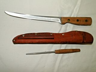 Vtg Chicago Cutlery 78s Fillet Knife W/ Leather Sheath & Sharpener