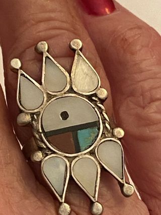 Vintage Zuni Inlaid Mop Coral Turquoise & Onyx Sterling Silver Ring Size 6.  5
