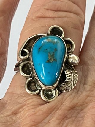 Vintage Native American Navajo Morenci Turquoise Sterling Silver Ring Size 5.  25