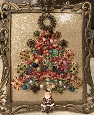 Framed Vintage Jewelry Artwork Christmas Tree Gold Tone Frame Santa Wreath Beads