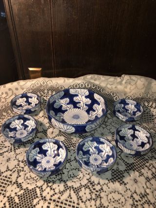 Vintage Omc Japan Blue & White Leaf Design Bowl Set Set Of 7