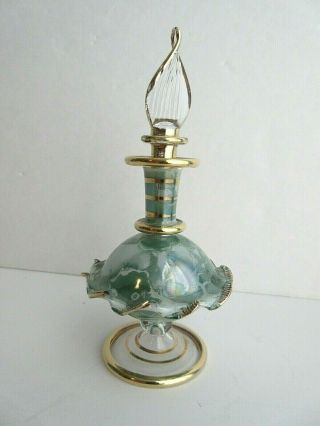 Hand Blown Art Glass Marbled Green Gold Accents Perfume Bottle With Stopper