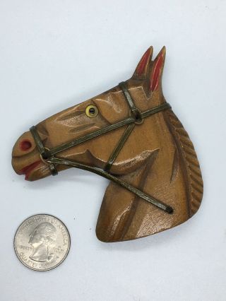 Vintage 1940s Hand Carved Wooden Horse Head Leather Halter Glass Eye Brooch Pin