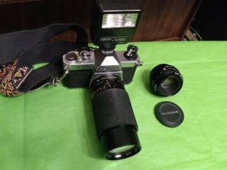 Asahi Pentax K1000 35mm Camera W/ 2 Lenses & Flash,  Strap