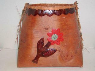 Vintage Native American Basket - Ojibwa Birch Bark - W/ Florals,  Museum Pc.